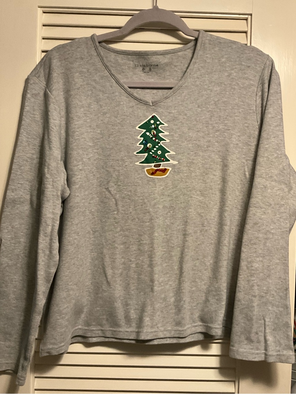 Liz Claiborne Sweater Christmas Tree Grey Cotton Size Large